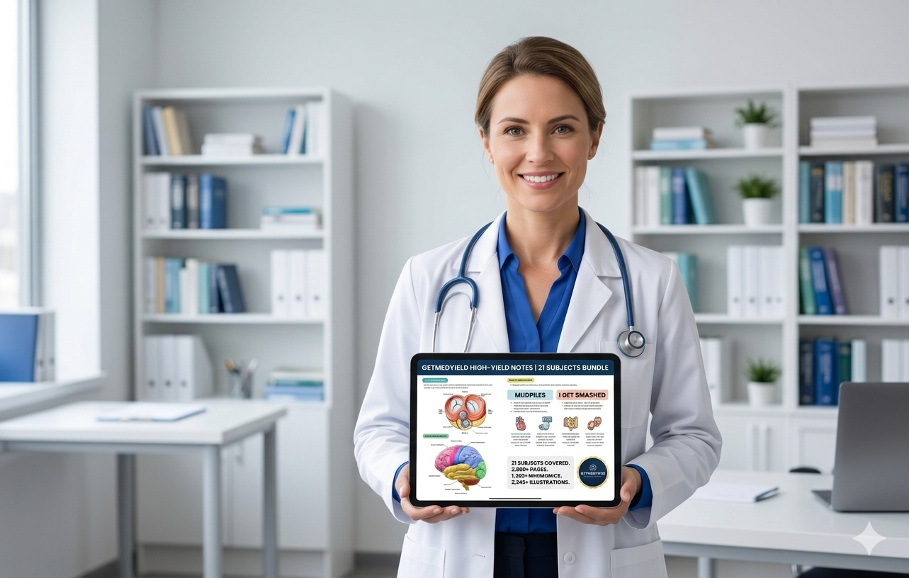 Doctor holding tablet showing GetMedYield high-yield medical study notes